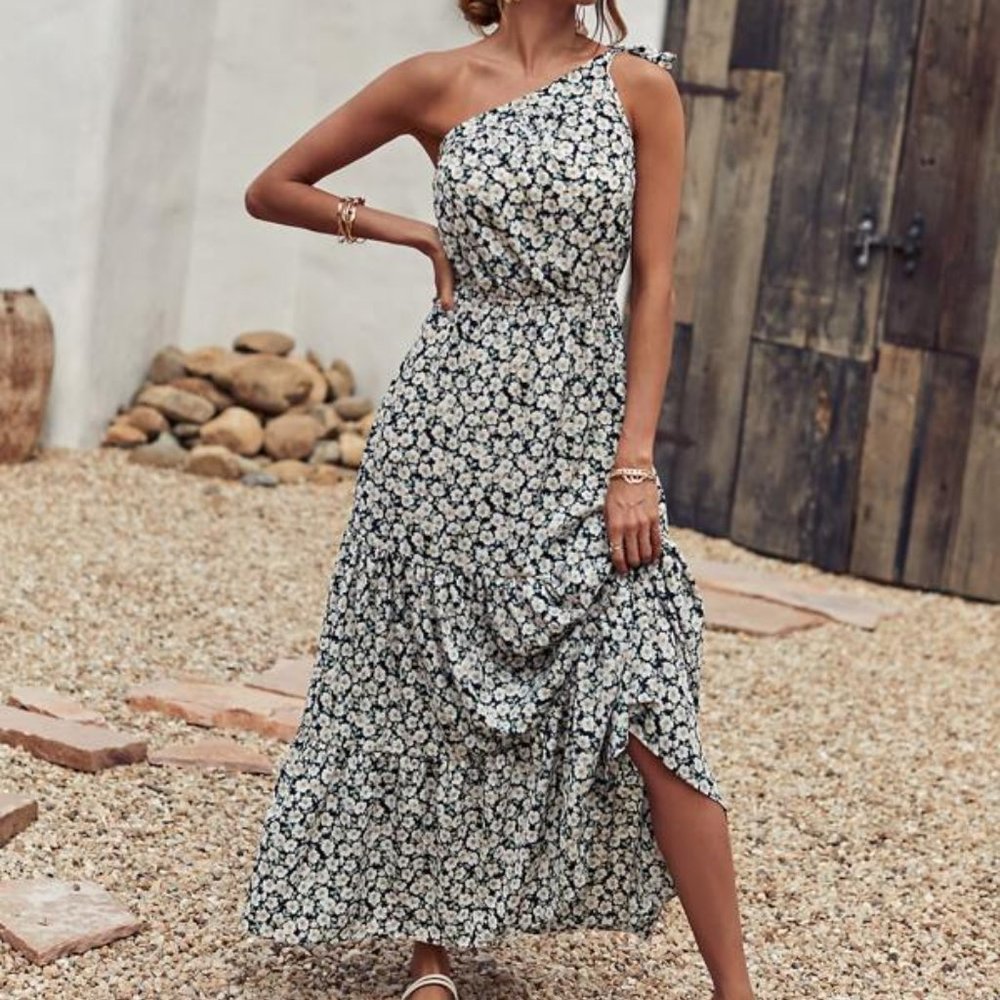 Allover Floral One Shoulder A-line Dress